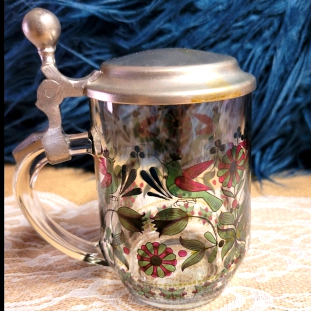 Rare Vintage glass painted stein made in France rare ornate pewter